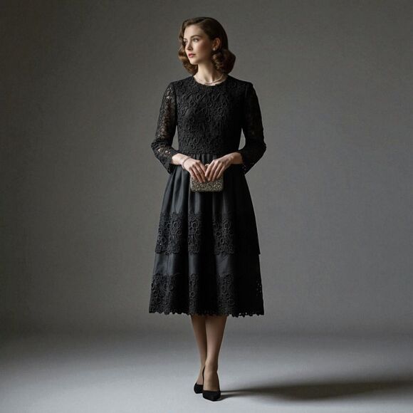 Vintage 70s Richilene Black Silk Dress 4 Richelieu Embroidered Cocktail Evening - Picture 1 of 16